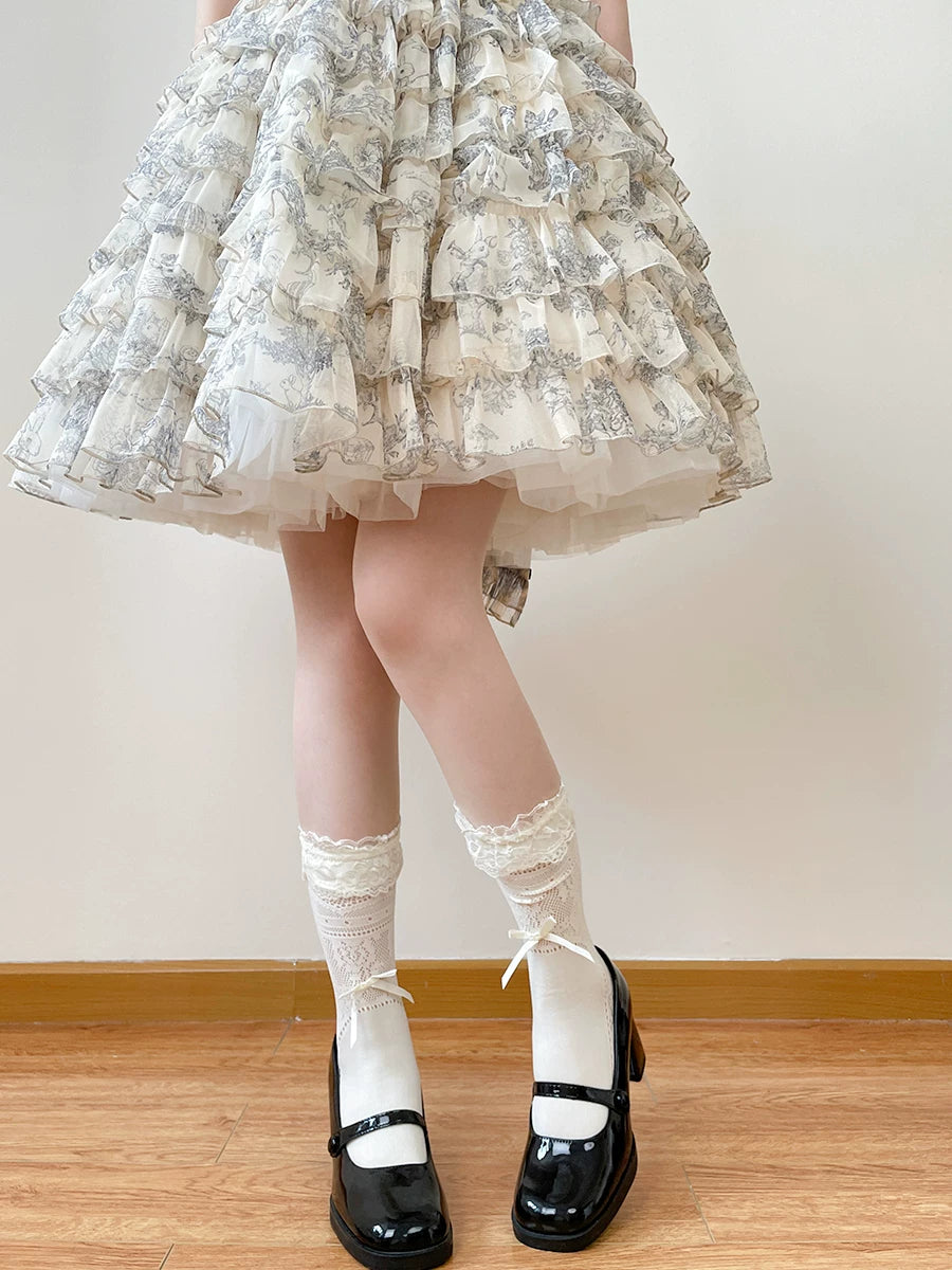 Chubby Bear Tales - Miu Lace Ribbon - Mid-Calf Lace Socks with Ribbon Bows