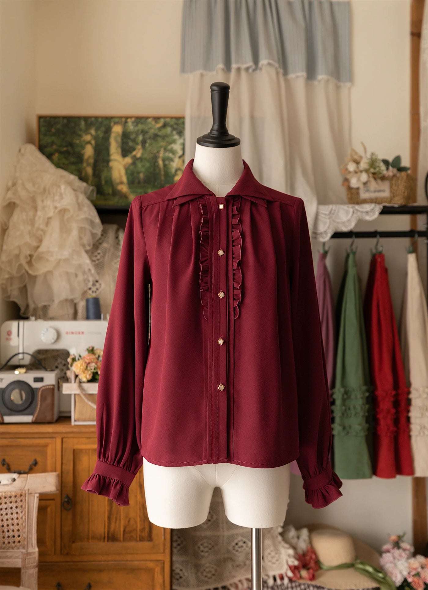 Forest Basket - Elegant Lolita Shirt Retro Dual Collar Versatile Shirt S Burgundy