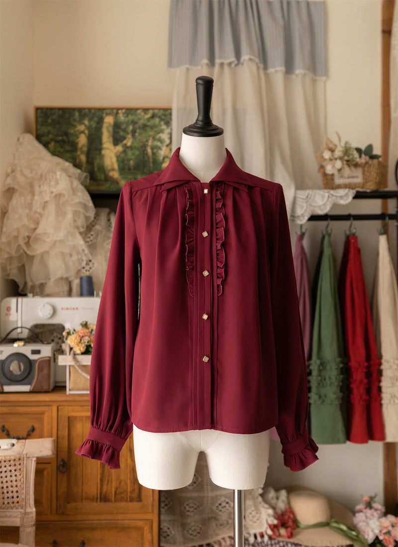 Forest Basket - Elegant Lolita Shirt Retro Dual Collar Versatile Shirt S Burgundy