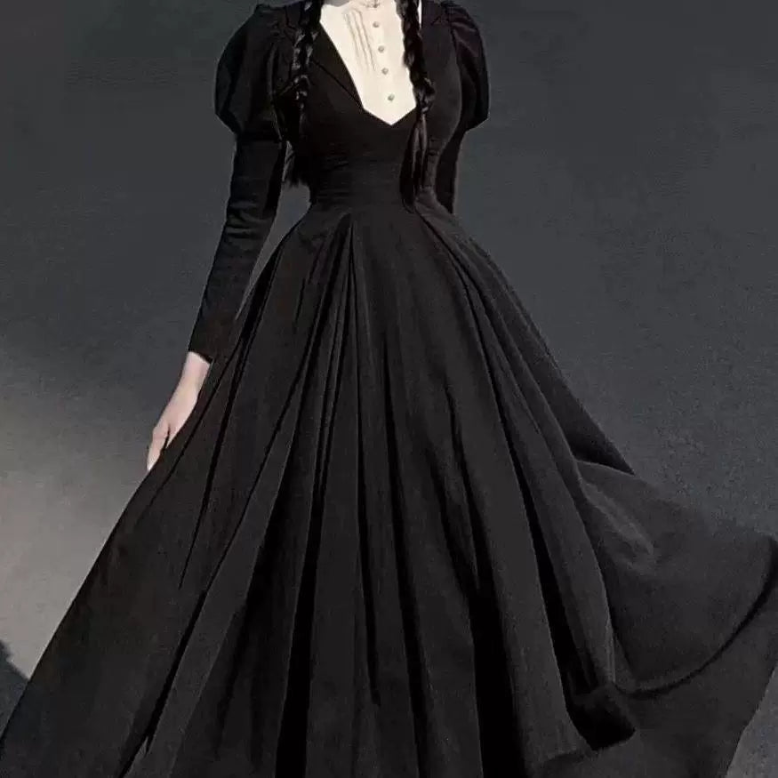 Sweetheart Dream Machine - Six-Panel Black - Long One-Piece Dress with Puff Sleeves