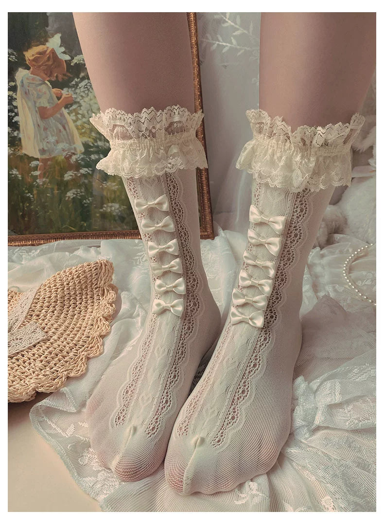 Fantasy Doll - Ribbon Lace - Mid-Calf Socks with Gathered Lace Cuffs