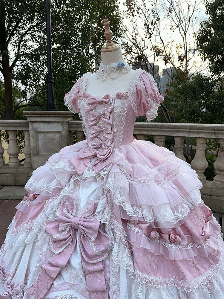 Emoji Dream - Sweet Lolita Formal Gown - Pink and white tiered ball