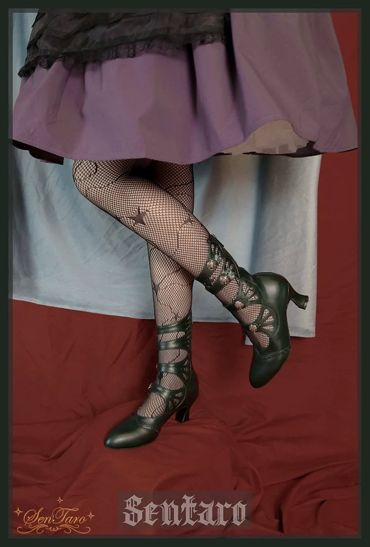 Sentaro - Floral Carved - Vintage Lolita Shoes Mary Jane Hollow-out Ankle Boots