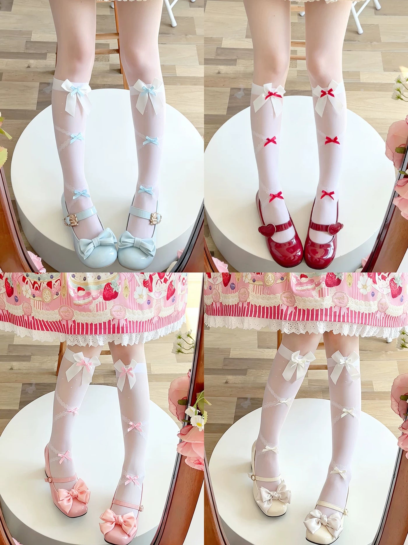 Sheer white bow socks with repeated ribbon details styled with Mary Jane shoes.