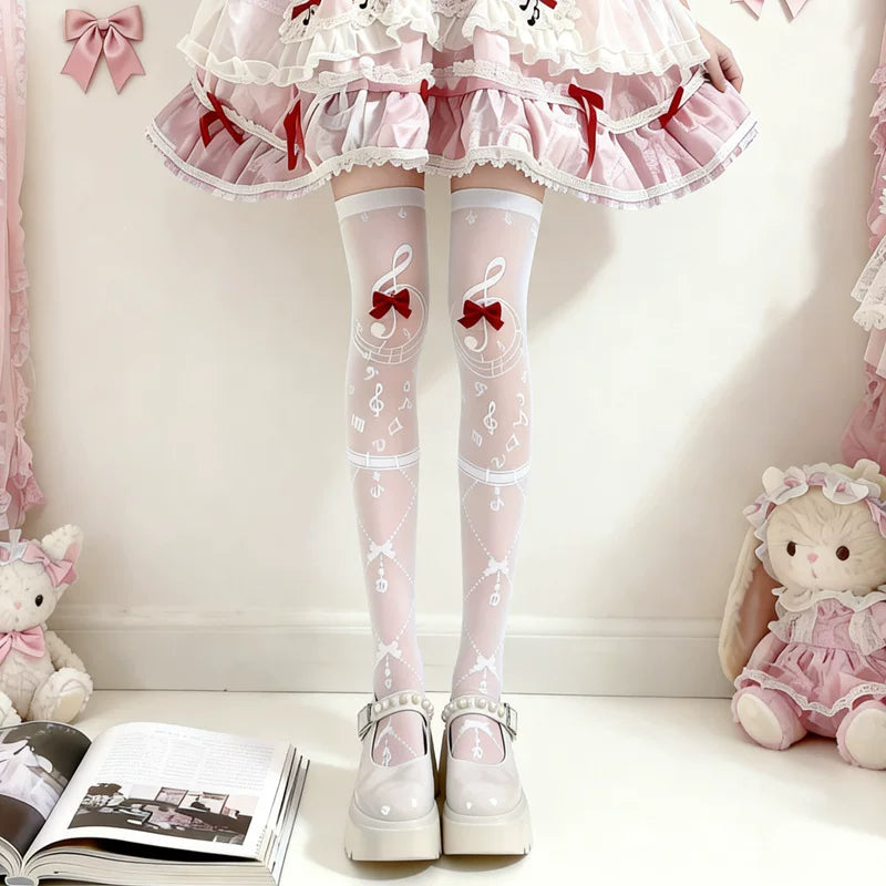 Fantasy Doll - Musical Note Sweetness - White Thigh-High Socks with Bow Accents