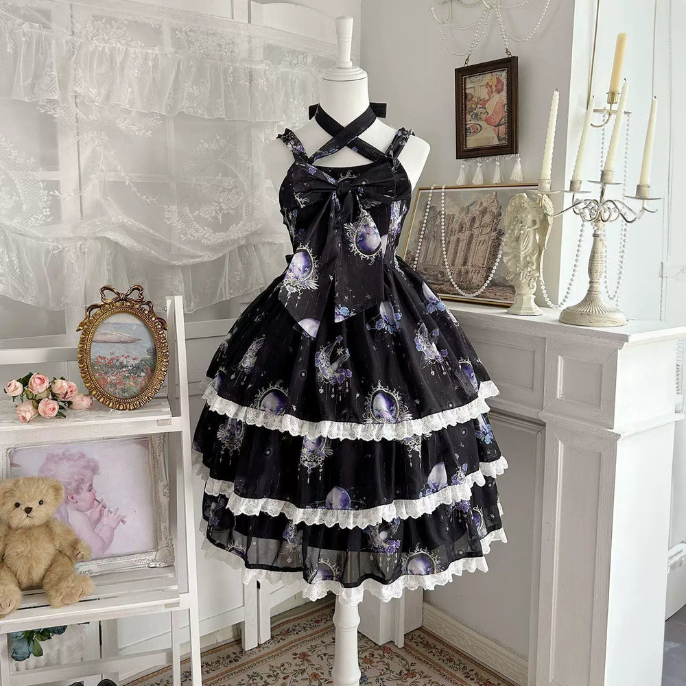 Purple Star Moon Mirage Sweet Lolita JSK with celestial print and bow