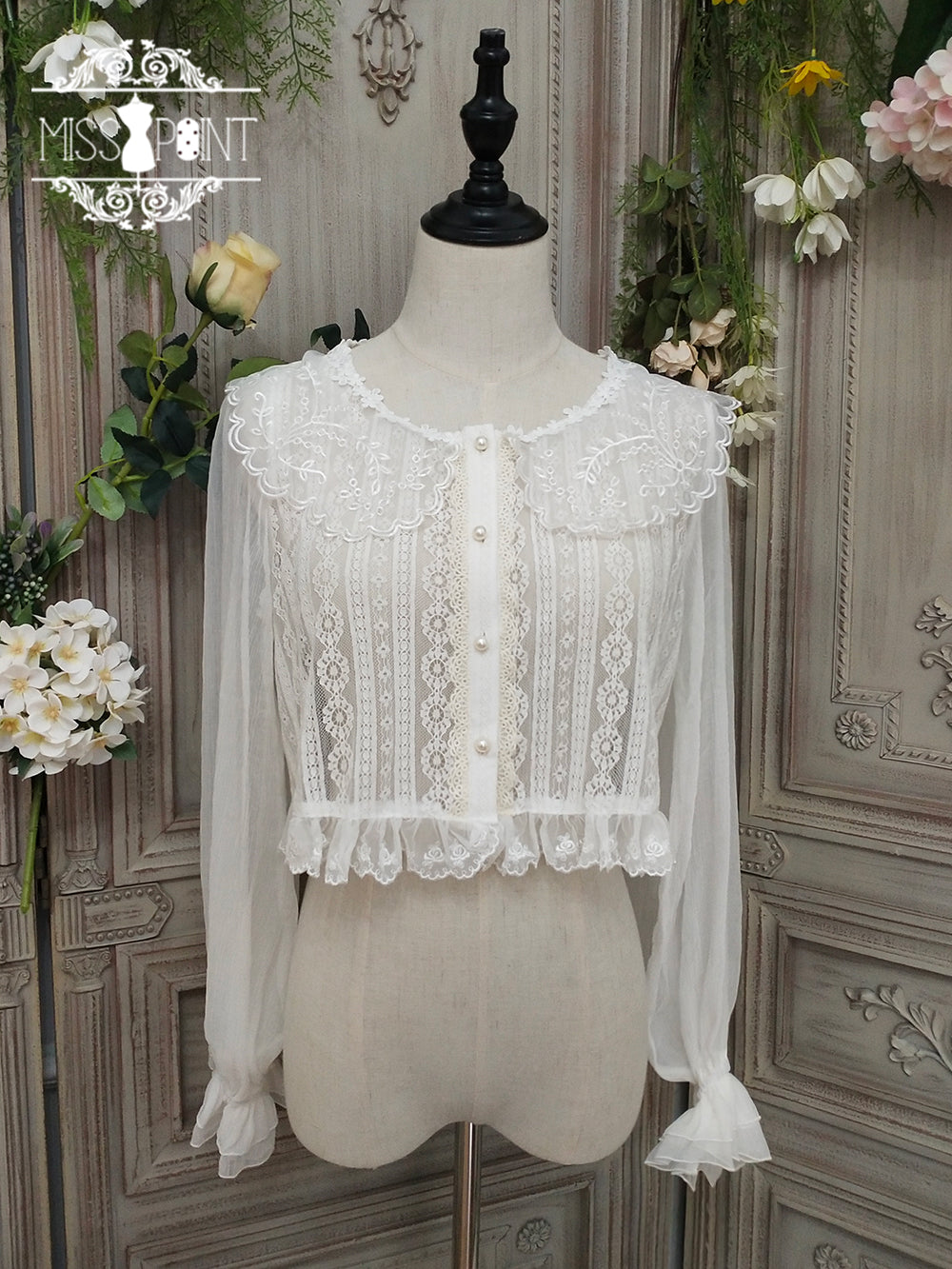 Woody Rose - Elegant Retro Lolita Blouse S white long sleeve