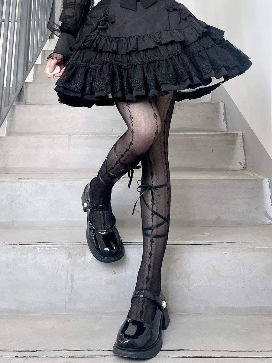Floral Milk Cat - Ribbon Line - Lace-up tights