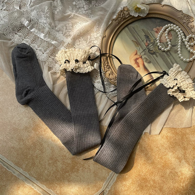 Sock Noble - Winter Lace Bow - Thigh-high socks with wide lace trim and ribbon ties