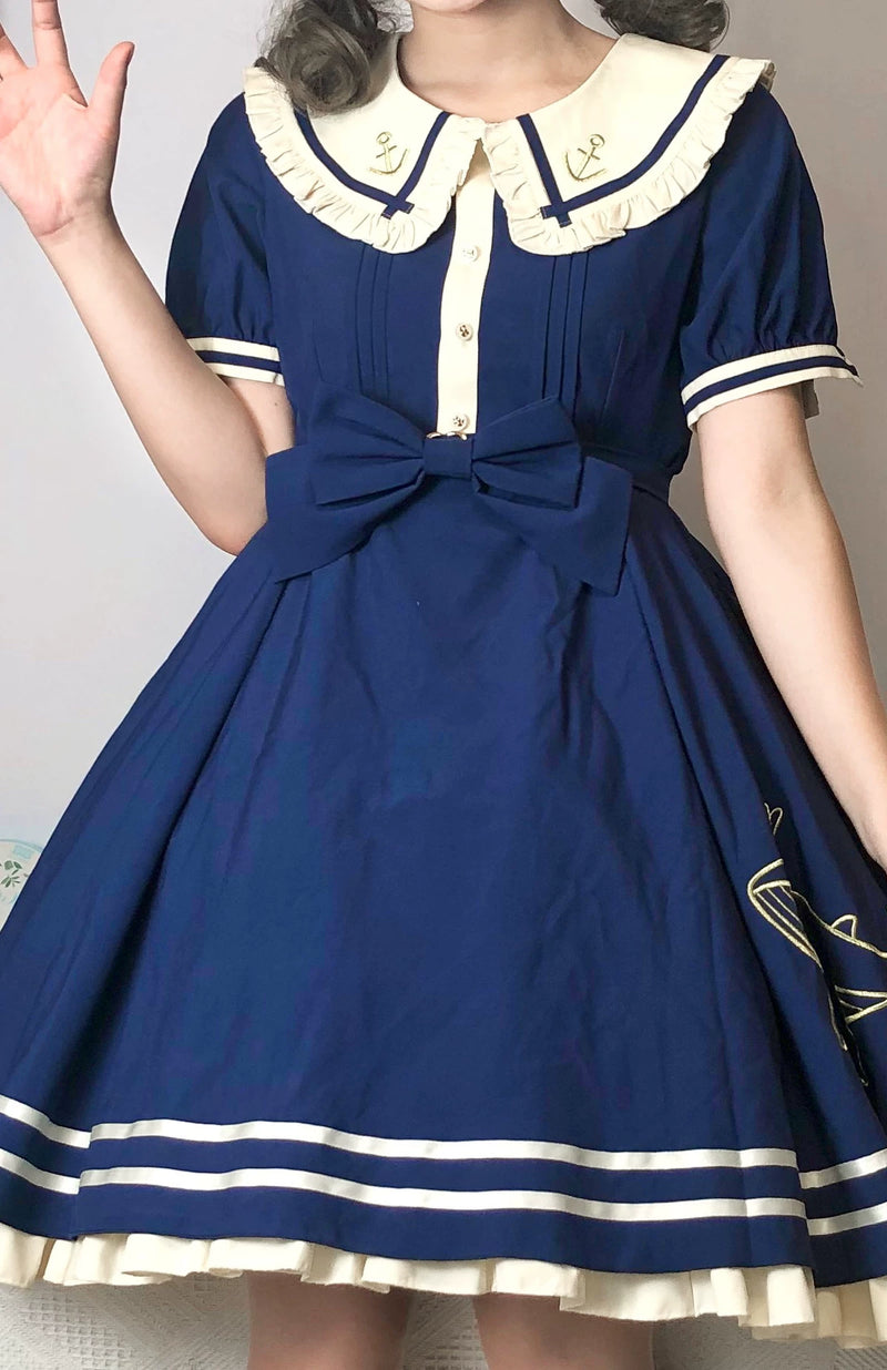 Strawberry Witch Little Whale Sailor Lolita OP Dress - Navy sailor collar and skirt detail