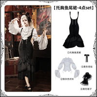 With PUJI - Night Raven - Gothic Lolita JSK Dress - Bustier mermaid skirt 4-piece set (bustier mermaid skirt + silver-gray shirt + black bow tie + black hat) Early stock / S