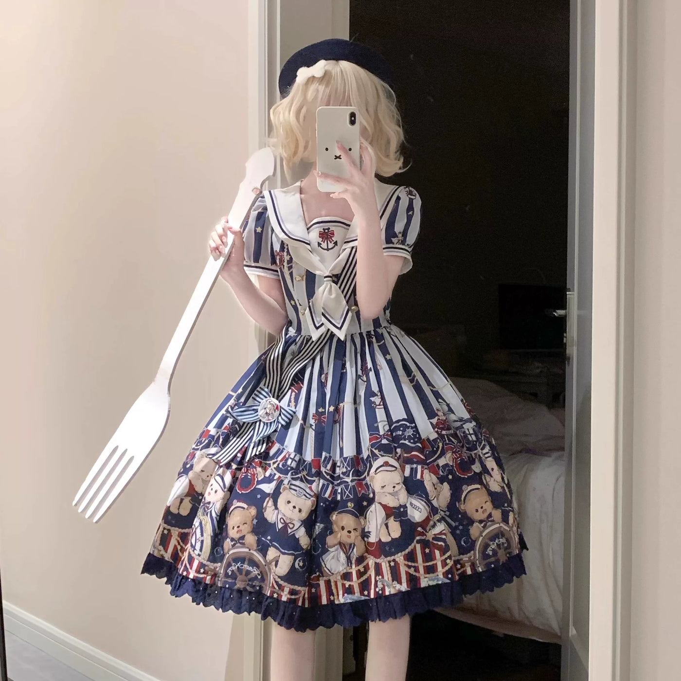 Navy bear-print Lolita OP with white sailor collar and bow tie