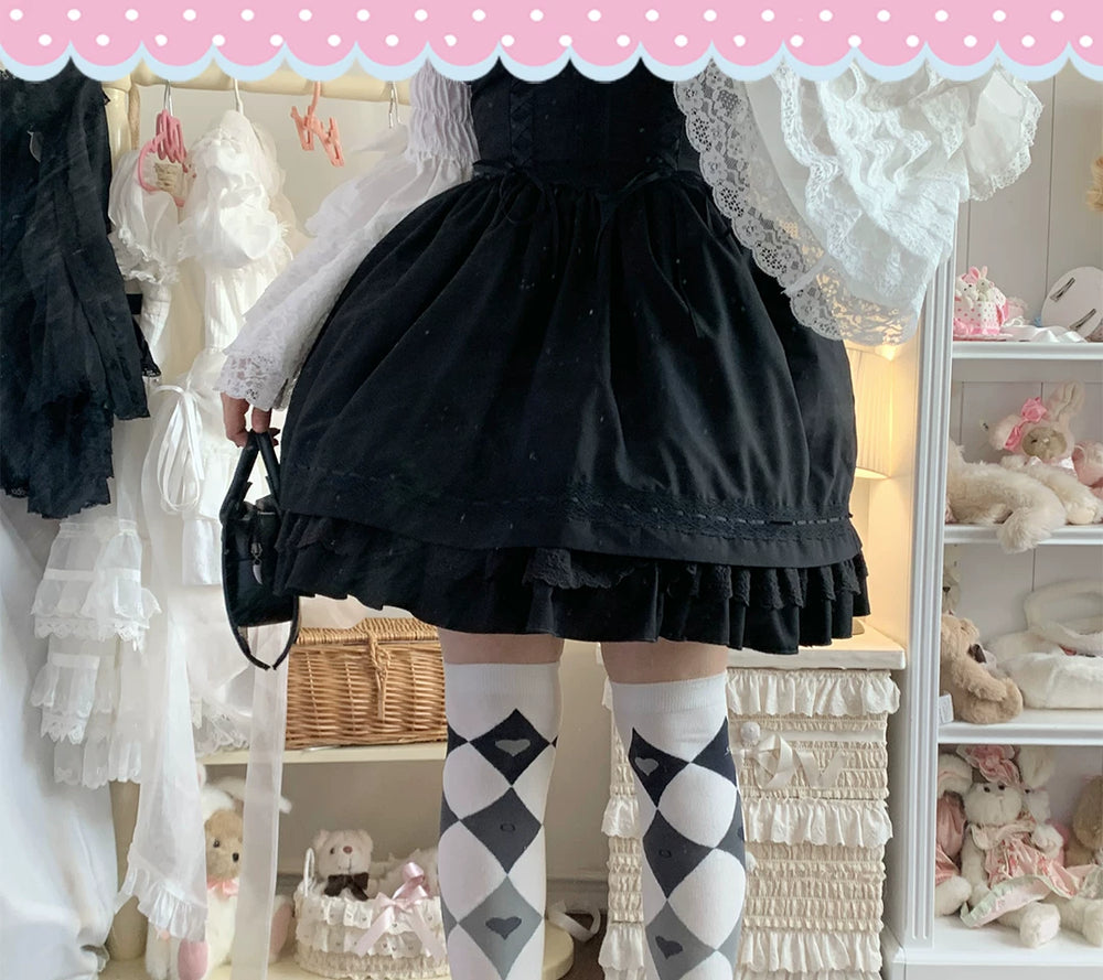 roji roji black and white over-the-knee socks with gradient argyle, heart and dot motifs