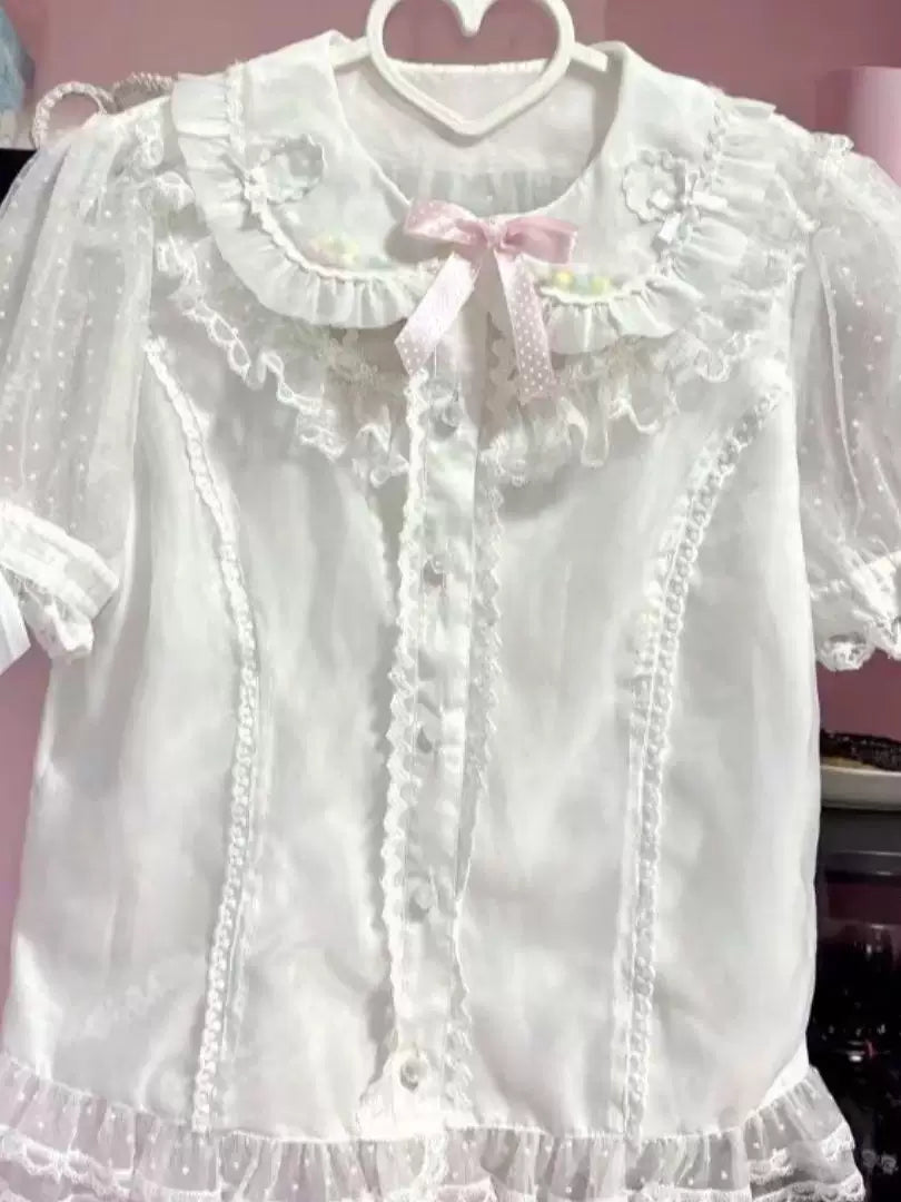 Sweetheart Dream Machine - Sweet Refresh - Sheer Polka-Dot Sleeve Blouse with Lace Trim