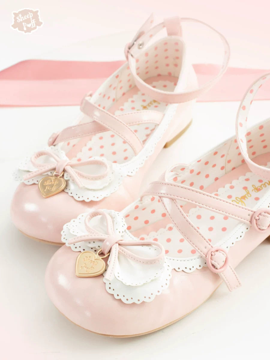 Sheep Puff Sweetheart Roll low heel Lolita shoes featuring adorable sheep puff design and cute, rounded toe in a pastel color.