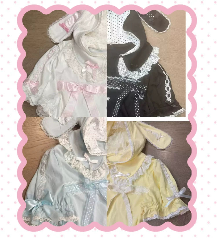 Pink short-sleeve bunny-ear outer jacket with lace trim
