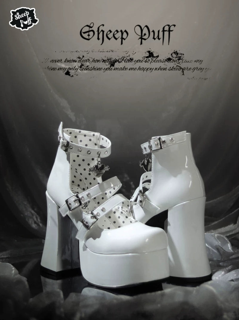 Sheep Puff Broken Angel Lolita heels featuring a black and white design with decorative angel wing details and a chunky heel.