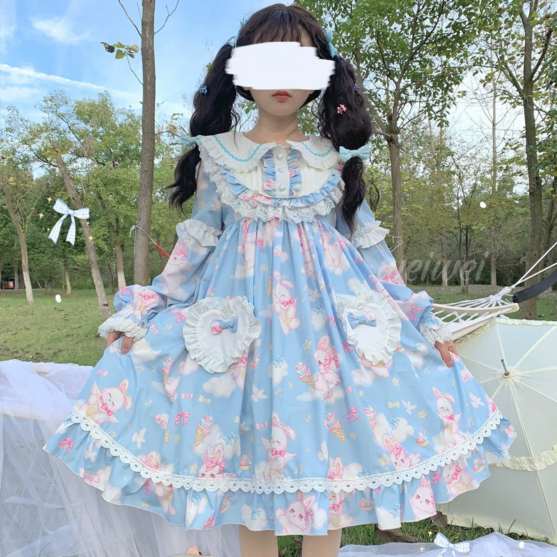 Lady Han Sweet Bunny Lolita Fetch dress featuring soft pastel colors, adorable bunny print, and a sweet, feminine design.