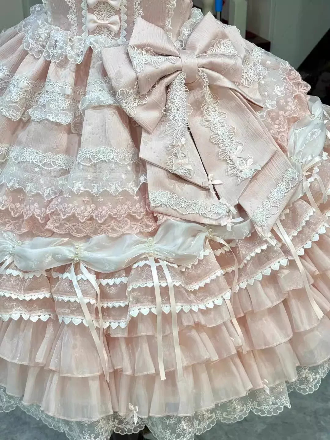 Creamy - Pink Knot - Pink JSK Dress with Lace Tiers and Bows