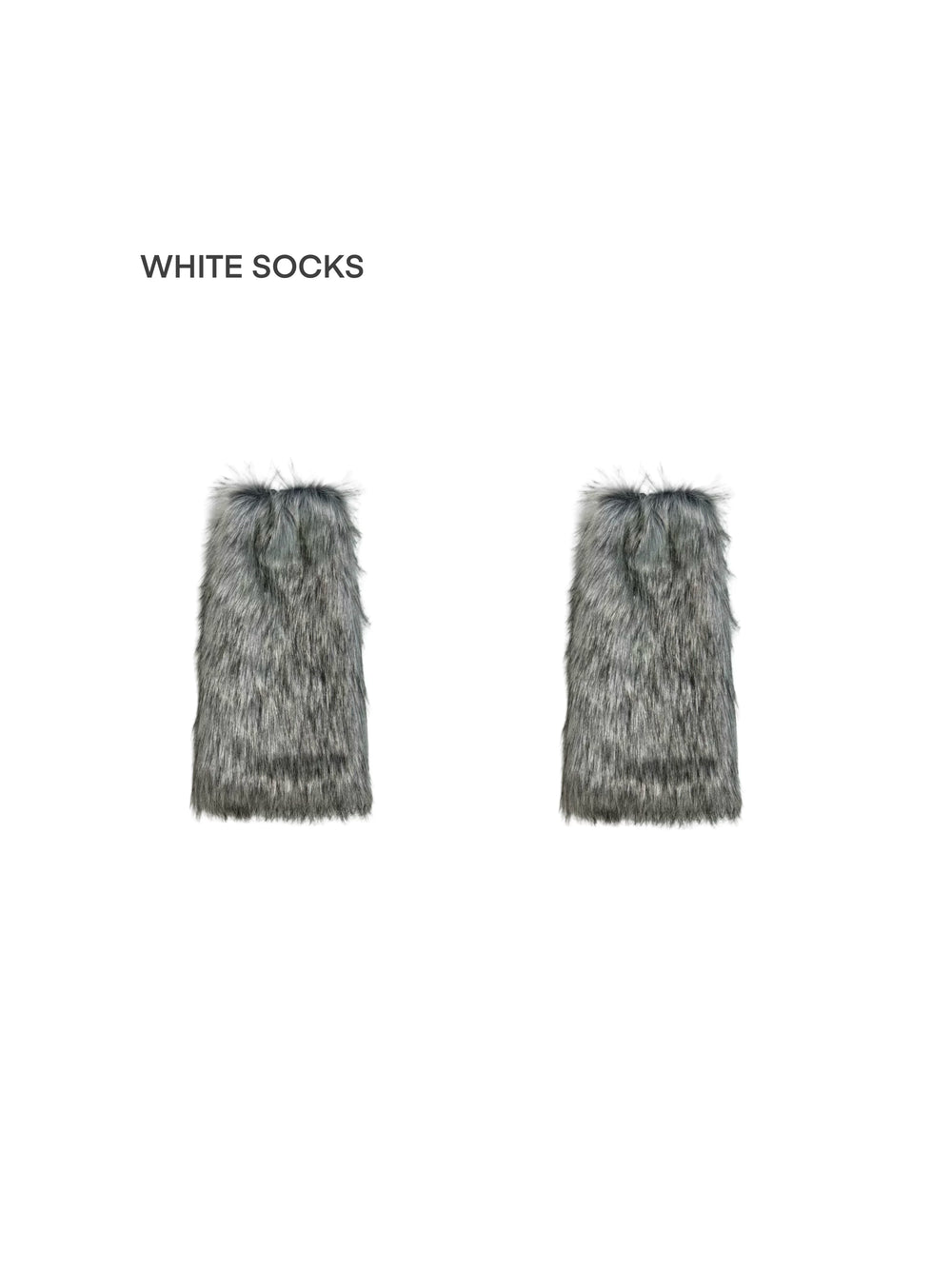 Grey fuzzy leg warmers shown in long and short styling with silver pointed shoes.