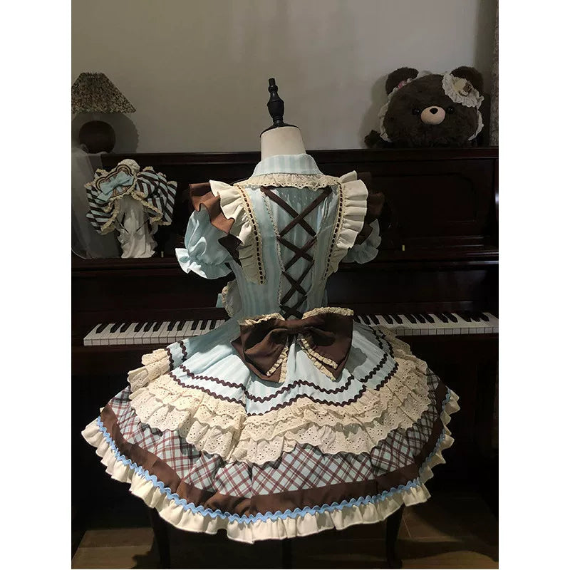 Creamy - Mint Chocolate Bear - Short-Sleeve One-Piece Dress with Layered Bows