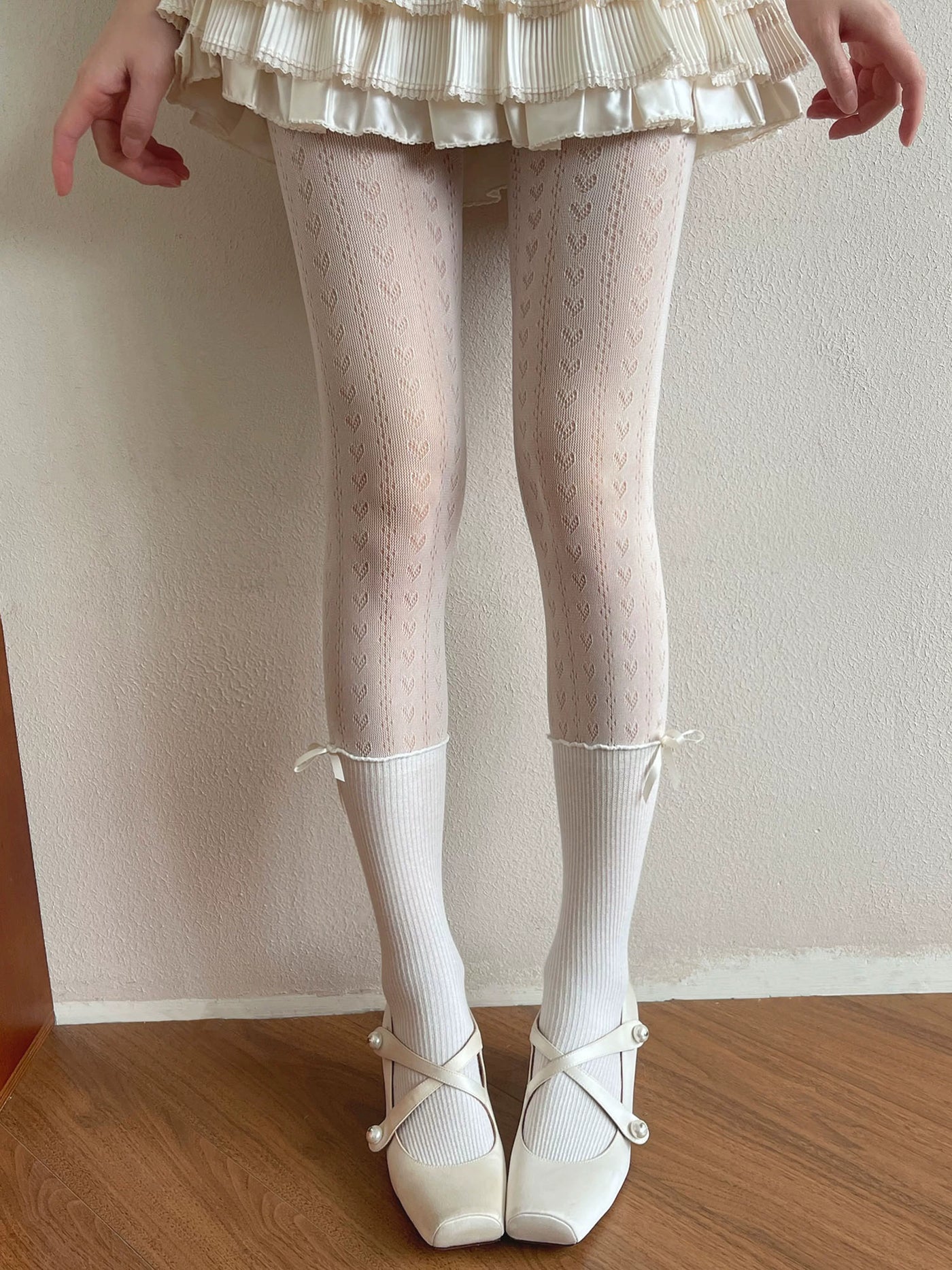 Sock Noble - Heart Lace - White Tights with Repeating Heart Motifs and Bow Accents