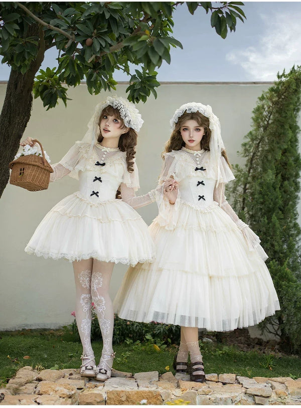 With PUJI - White Mist Promise - Classic Lolita Corset OP Set, Edwardian Collar & Tiered Hem