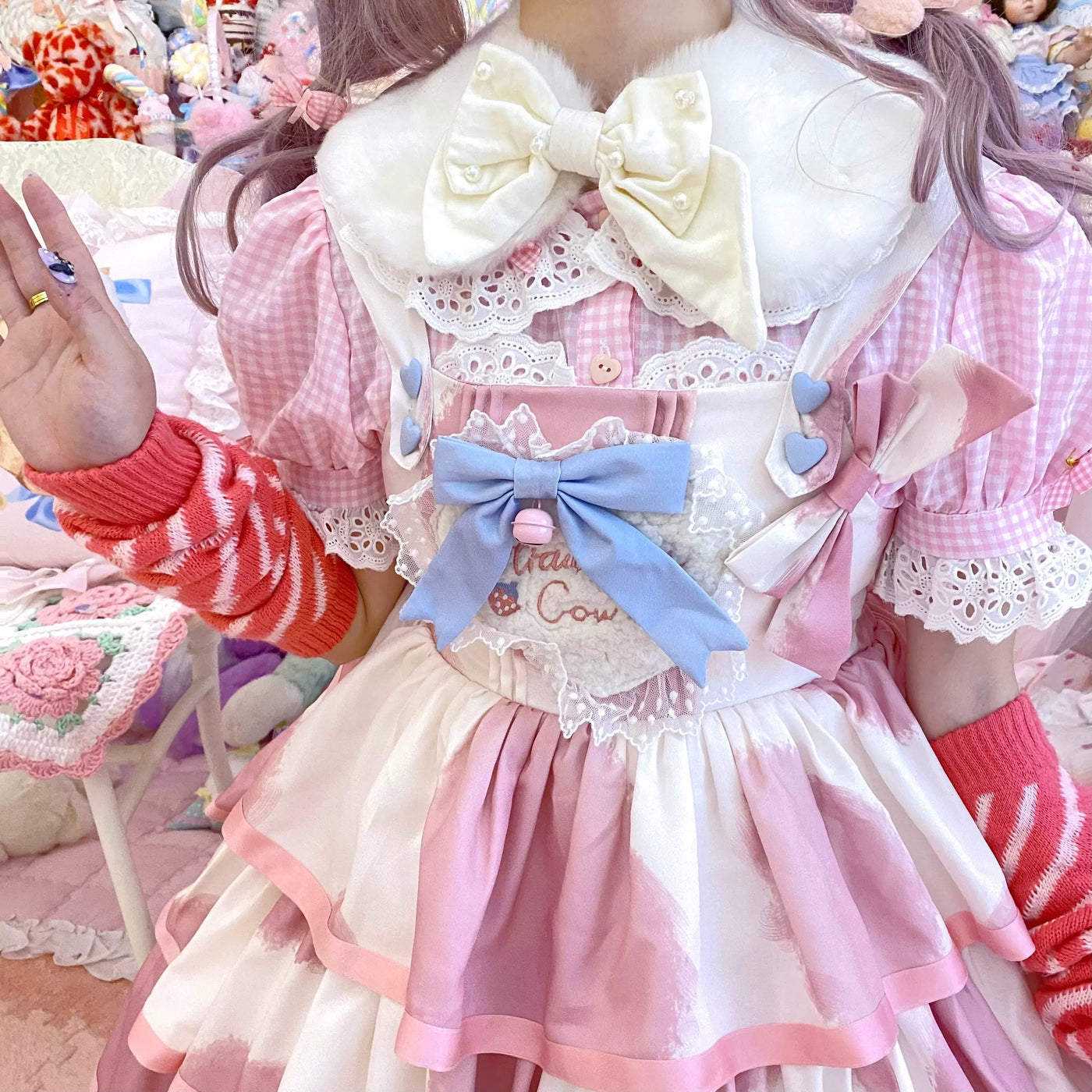 Tata Long Ear - Milk Cake Cow Print - Cow-Print JSK Dress with Three-Section Skirt