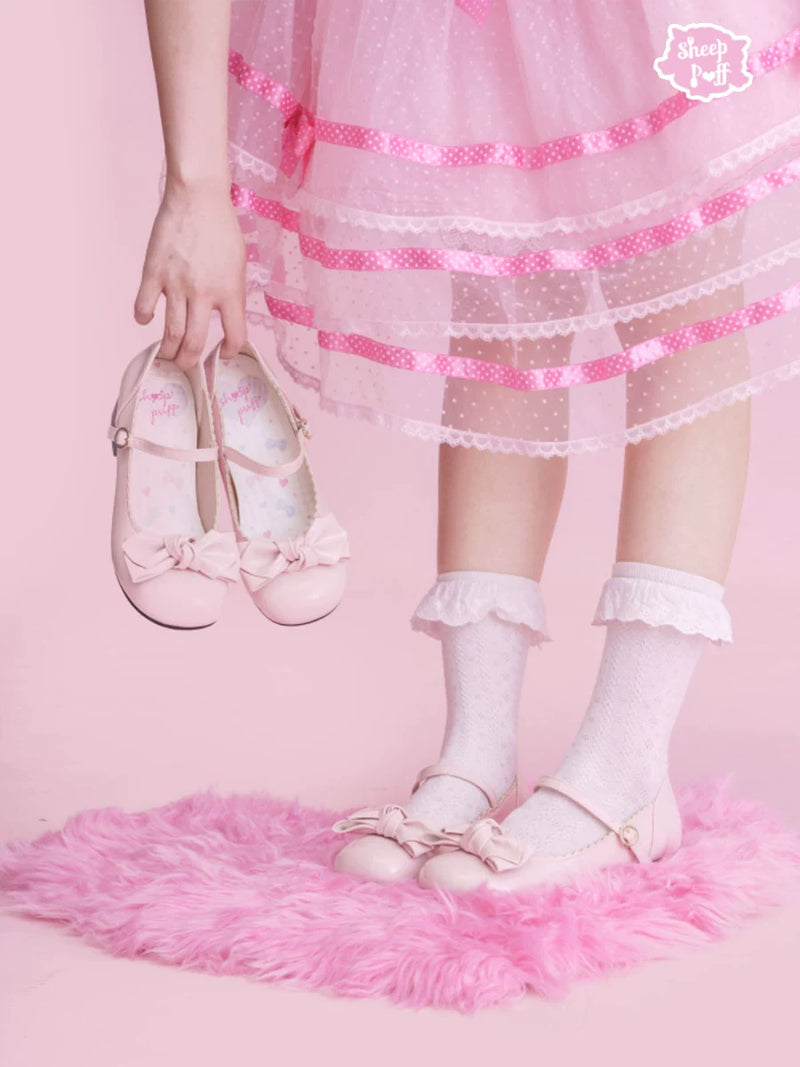 Sheep Puff rounded bow patent Lolita shoes featuring a glossy finish and adorable puff design, perfect for feminine fashion.