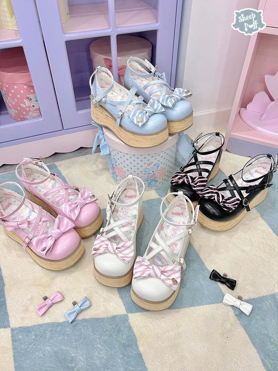 Sheep Puff Candy Tea Platform Lolita Shoes featuring pastel colors, cute sheep puff decorations, and rounded toe design.
