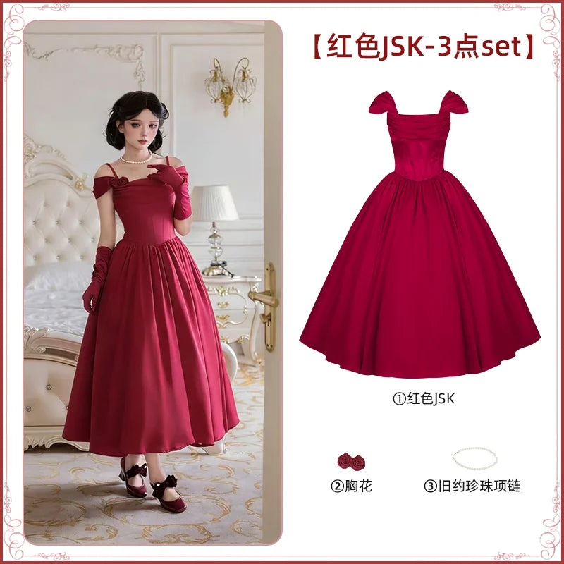With PUJI - For Beloved - Classic Lolita Satin JSK Dress Set, Fishbone Waist detail view 10