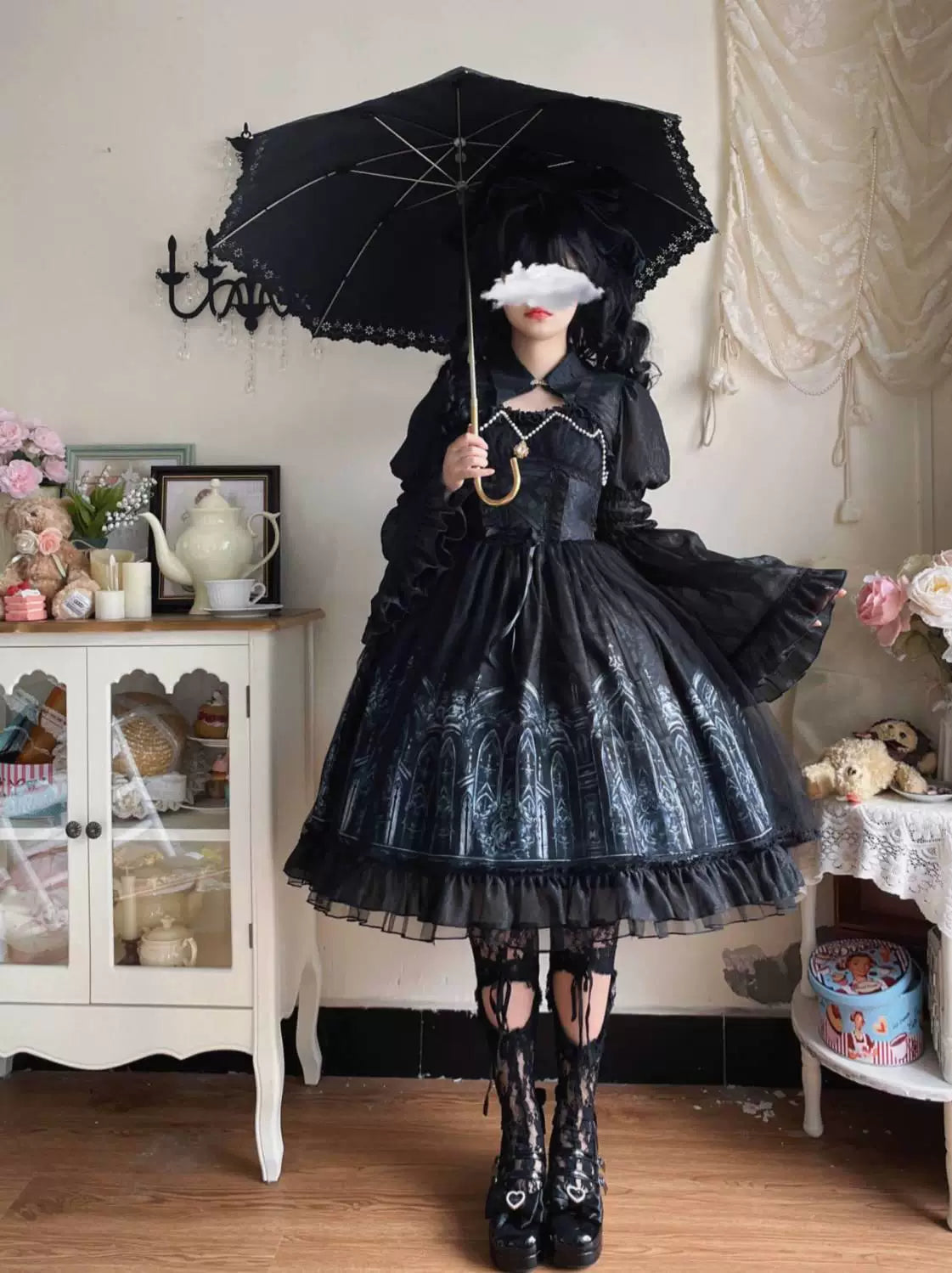 Sweetheart Dream Machine - Silent Night Cathedral - Black JSK Dress with Gothic Cathedral Print