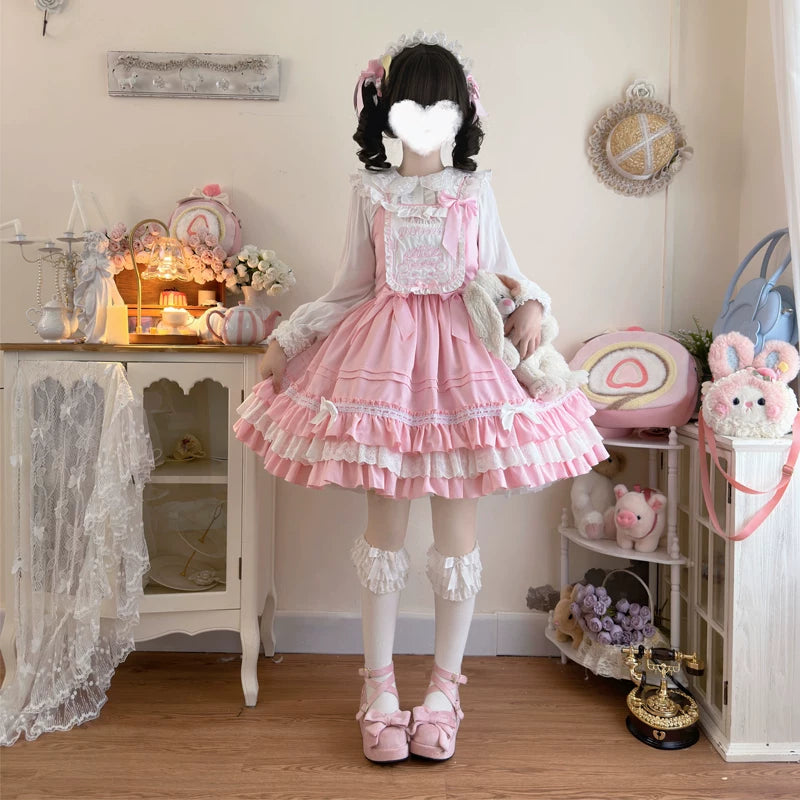 Lady Han Bear Sweetheart sweet cute JSK dress in pastel fabric with bear embroidery and bow details, perfect for lolita fashion style.