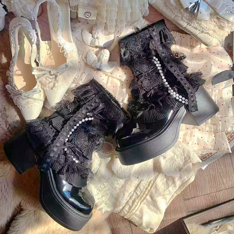 pinkyo White Patent-Finish Pearl & Lace Platform Boots — Black