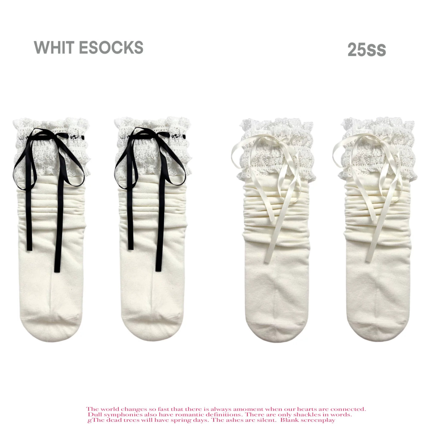 White Socks - Ribbon Ballet - Lace-Trim Slouch Socks with Ribbon Ties