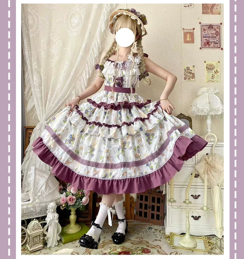 Qianmu - Blueberry Midsummer - Country Lolita Tiered JSK, Blueberry Print