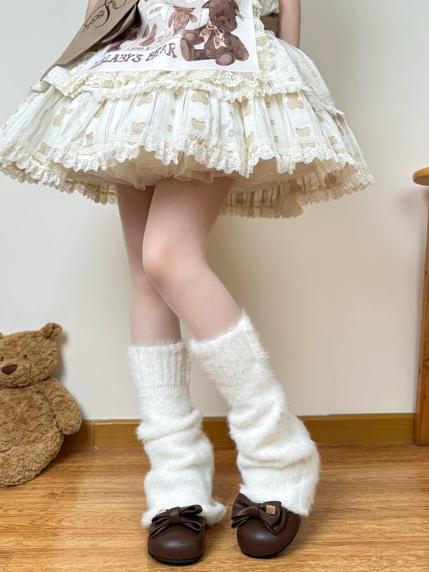Chubby Bear Tales - Snow Plush - White Fluffy Leg Warmers with Gathered Slouch Folds