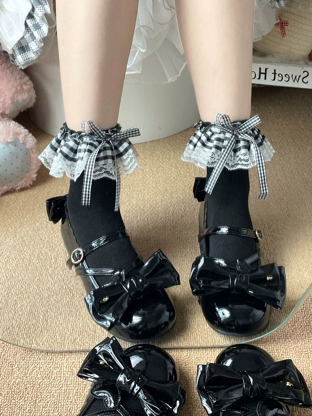 White Lolita gingham lace mid-calf sock with long bow