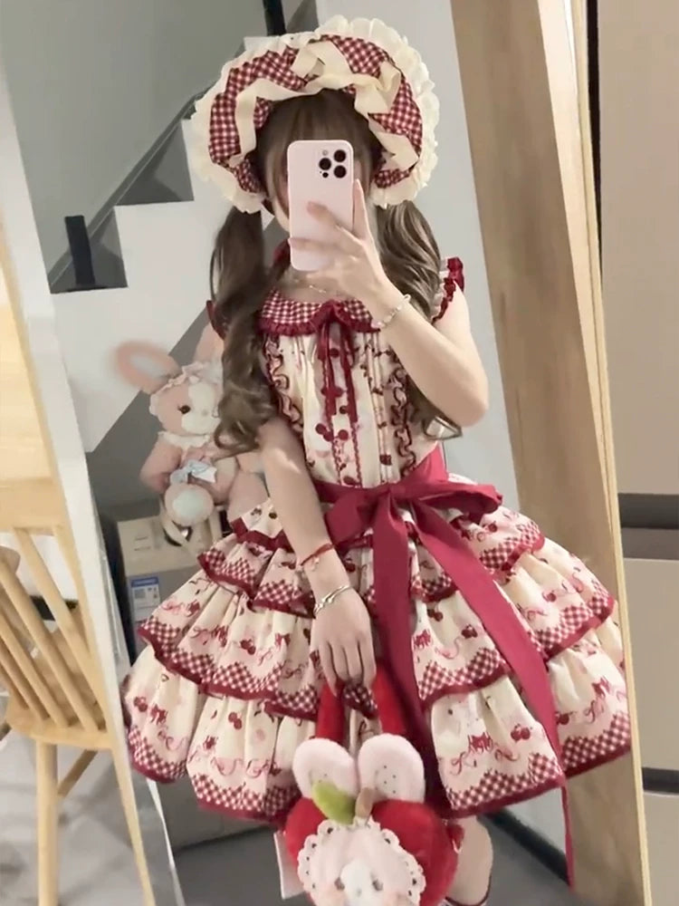 Dream Bunny - The Cherries Are Ripe - Cherry-Print Lolita Fashion Set with Gingham Ruffles