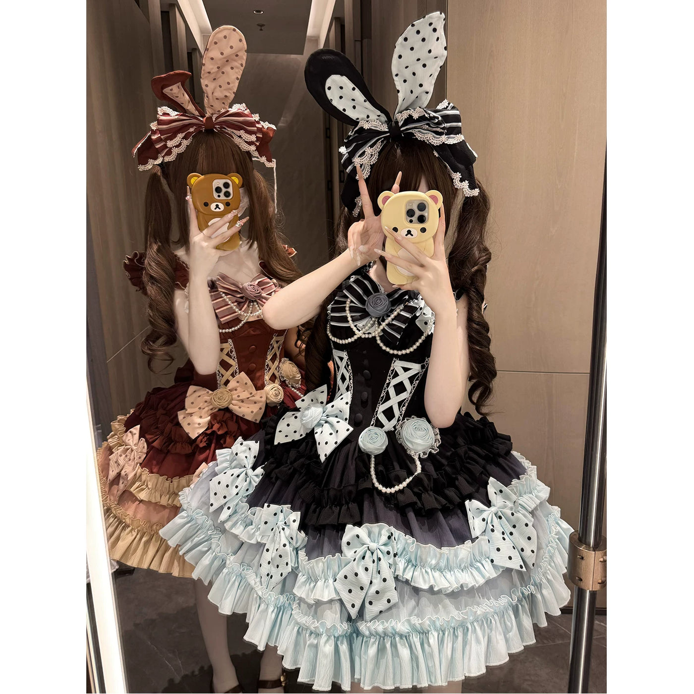 Creamy - Baba Cute - Polka-Dot Ruffle JSK Set with Bunny-Ear Headwear