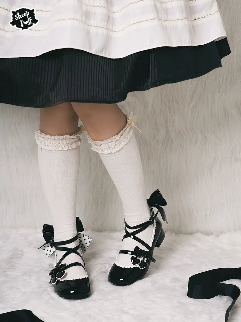 Sheep Puff Little Cherry low heel Lolita shoes featuring cherry embroidery and feminine design for elegant style.