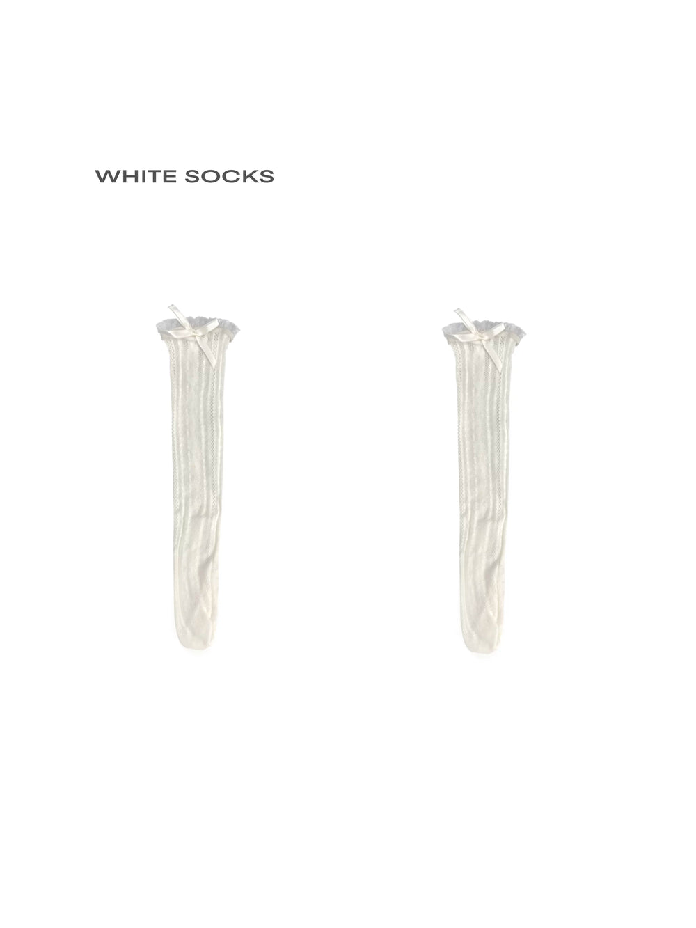White Socks off-white lace mid-calf socks with small ribbon bows worn with black sandals