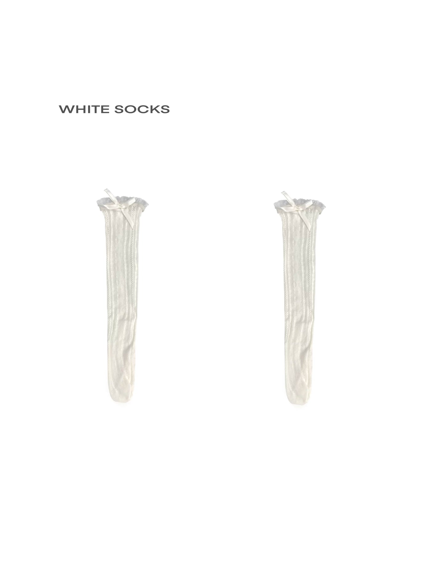 White Socks off-white lace mid-calf socks with small ribbon bows worn with black sandals