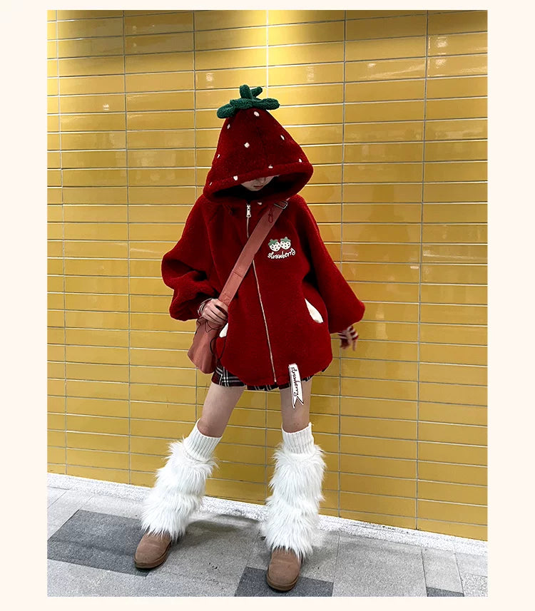 Baozi Pig - Strawberry Head - Plush Hooded Jacket with Strawberry Embroidery