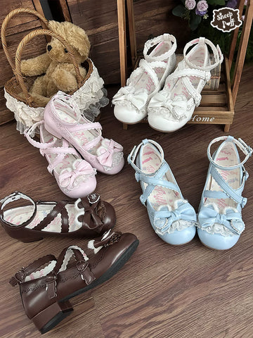Sheep Puff Little Bear Sister Lolita Shoes featuring cute bear embroidery and pastel colors, perfect for children's fashion.