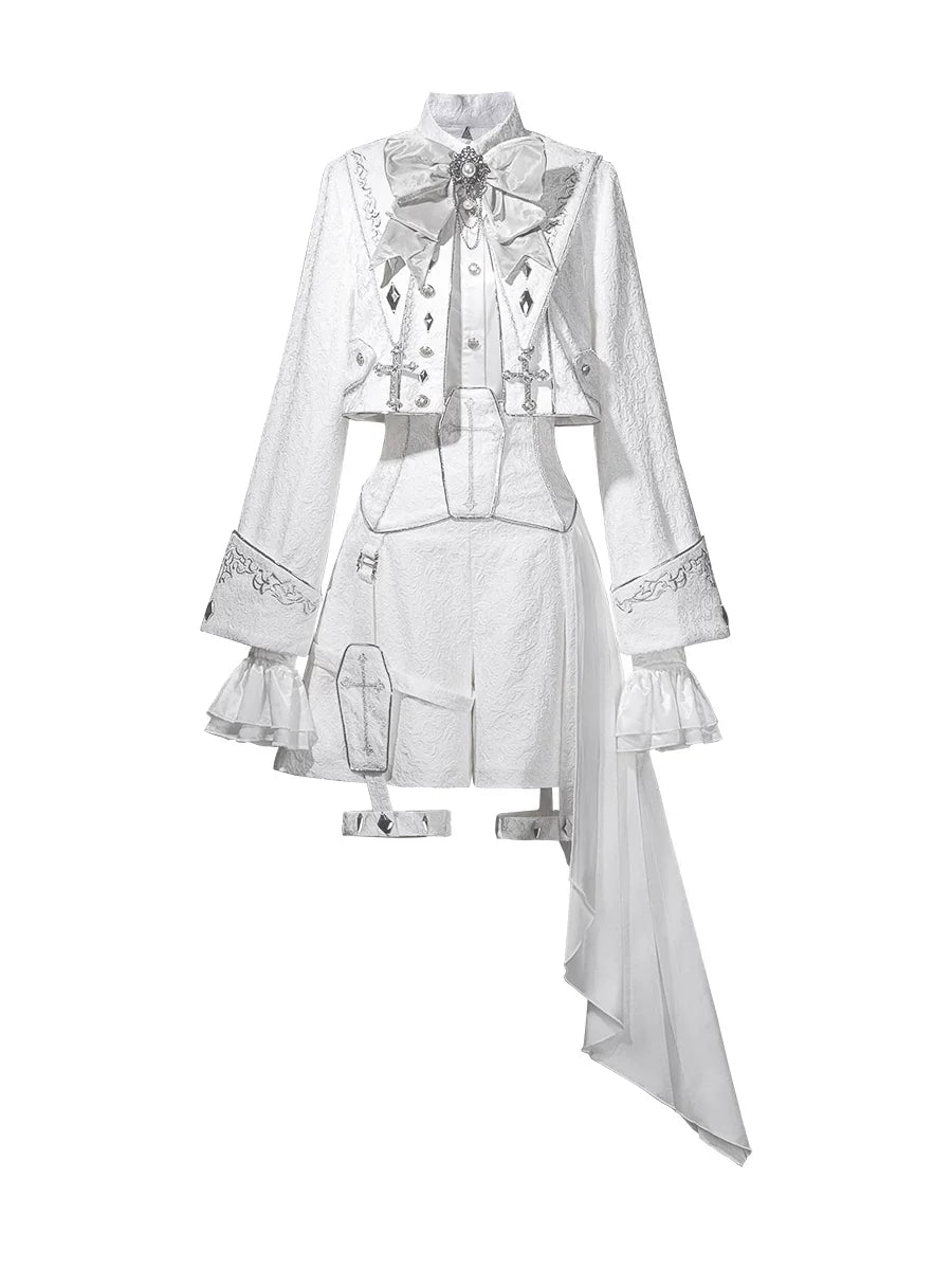 Letters from Unknown Star - Silver Covenant - White Ouji Lolita Embroidery Coat and Shorts Set with Cross