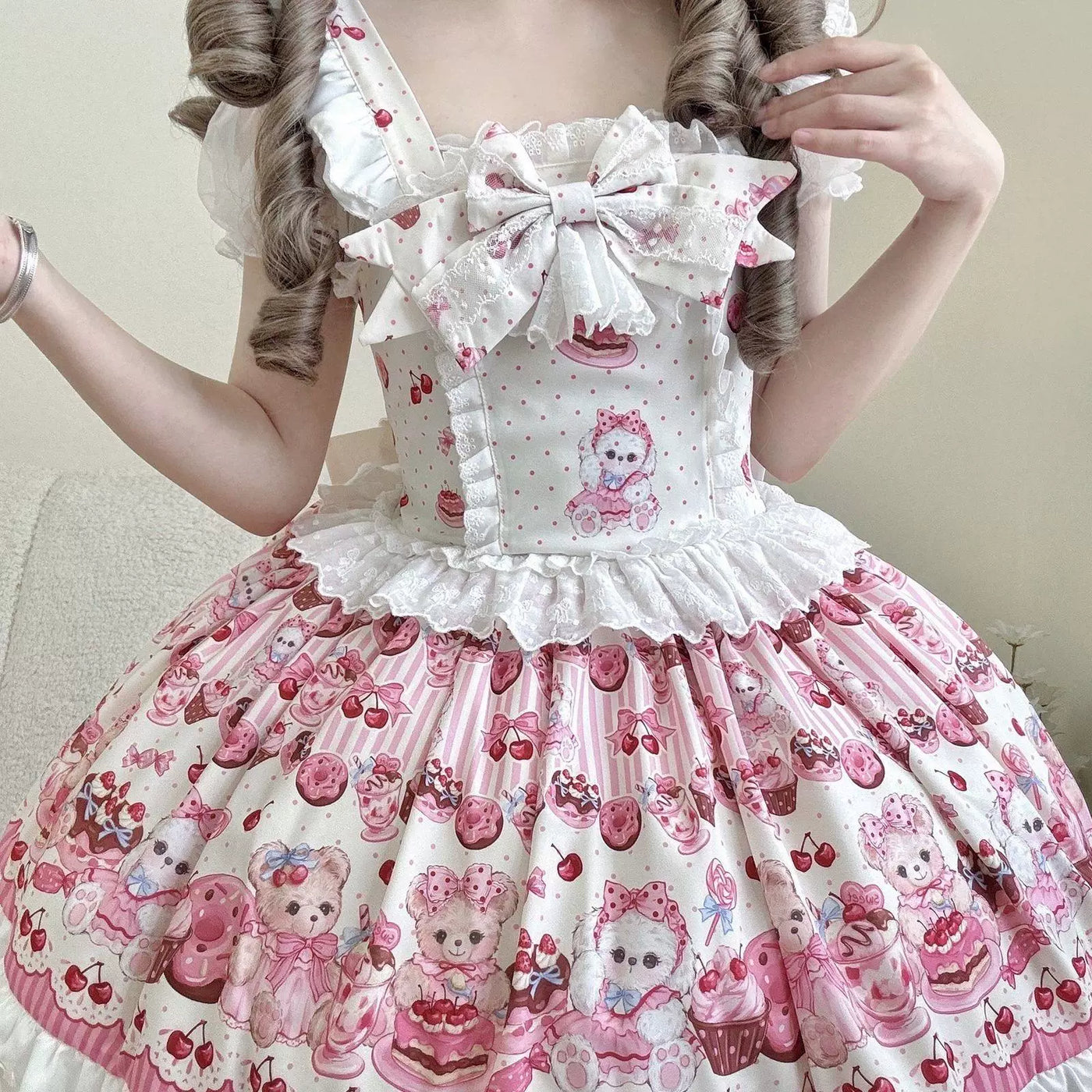 Sweetheart Dream Machine - Candy Bear Picnic - Printed JSK Suspender Dress with Teddy Bear Motif