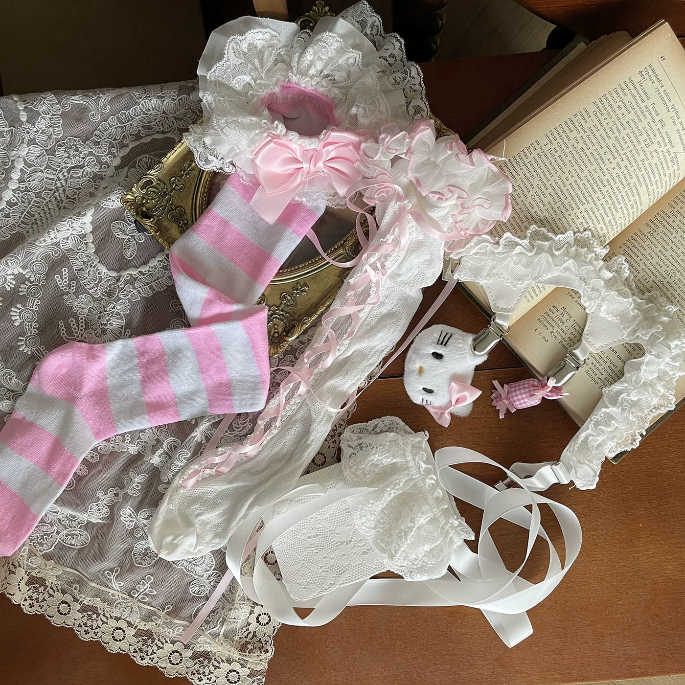 Sock Noble - Sweetheart Y2K Mix - Lace Socks and Thigh Garter Options with Strap Details