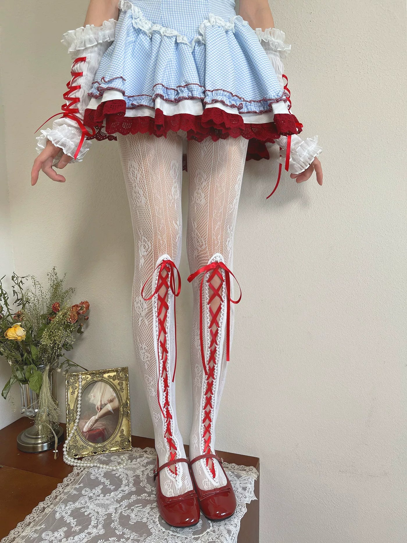 Sock Noble - Ballet Ribbon - White Pantyhose with Red or Pink Ribbon Straps