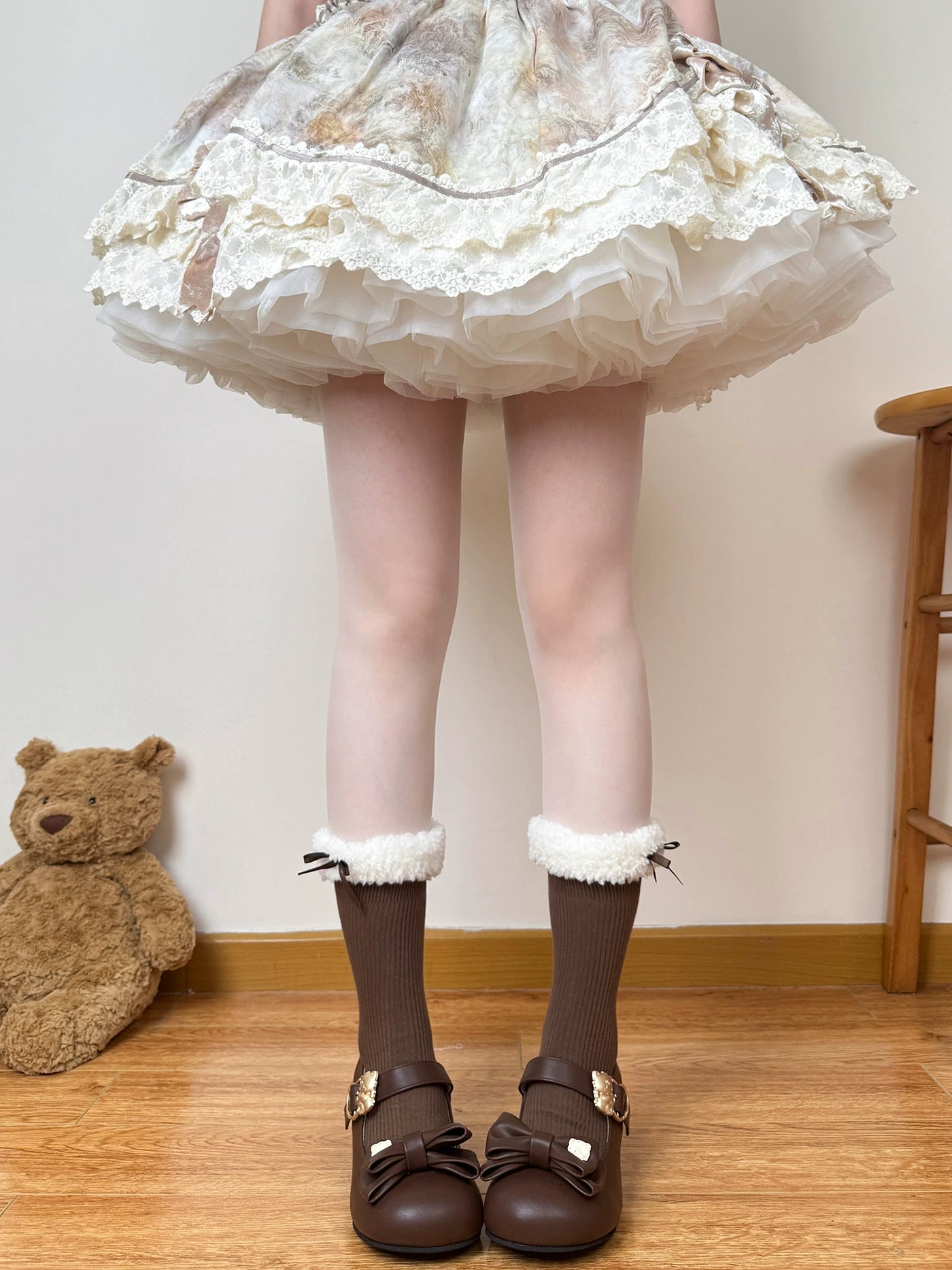 Chubby Bear Tales - Fluffy Winter - Mid-Calf Scrunch Socks with Pom-Pom or Bow Cuffs